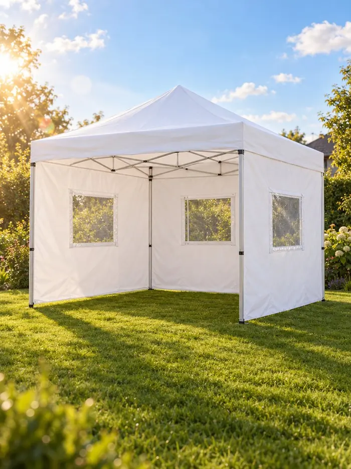 Gazebo plegable armado sobre el pasto con paredes con ventanitas
