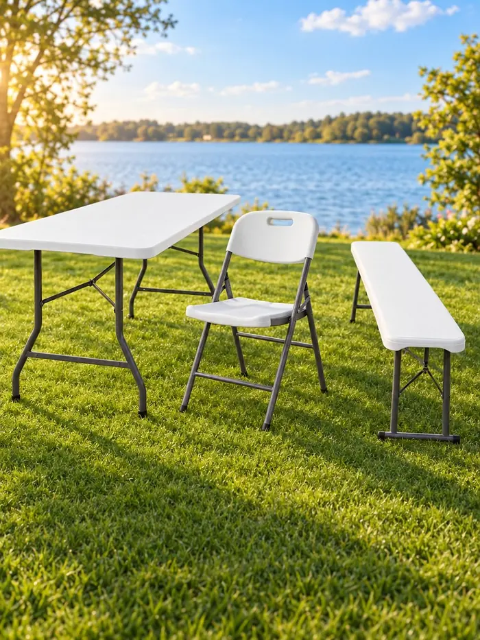 Mesa, silla y banqueta plegables blancas sobre el pasto frente a un lago