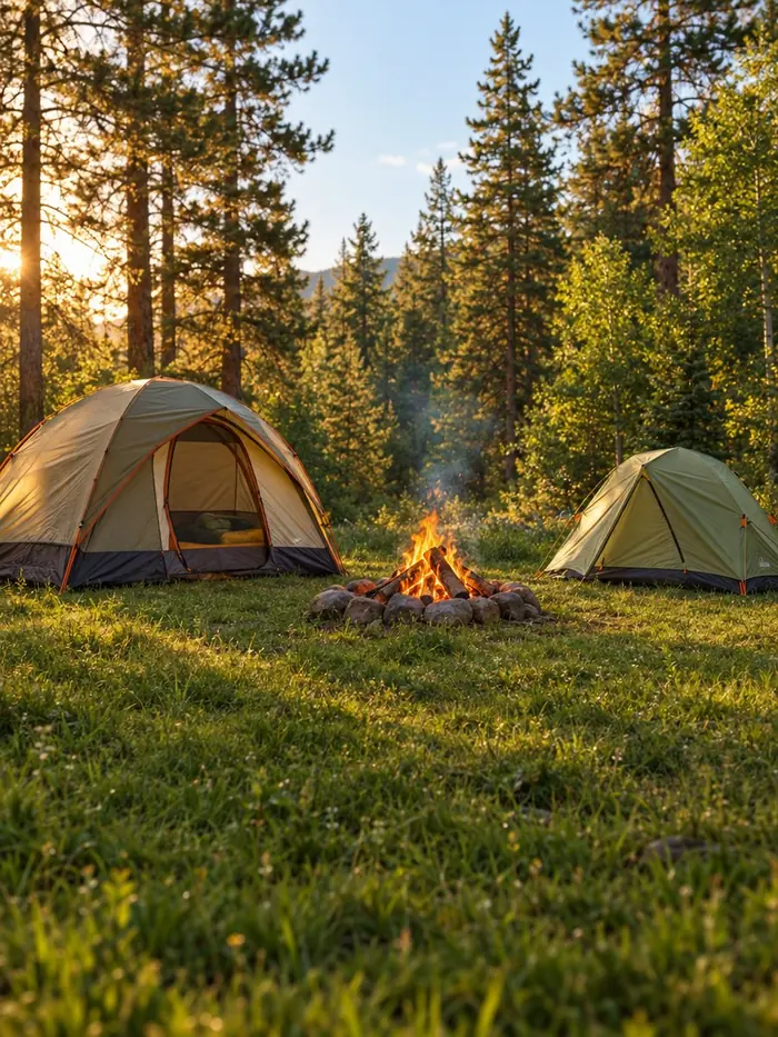 Una carpa mediana y una pequeña con una fogata en el medio, en un bosque