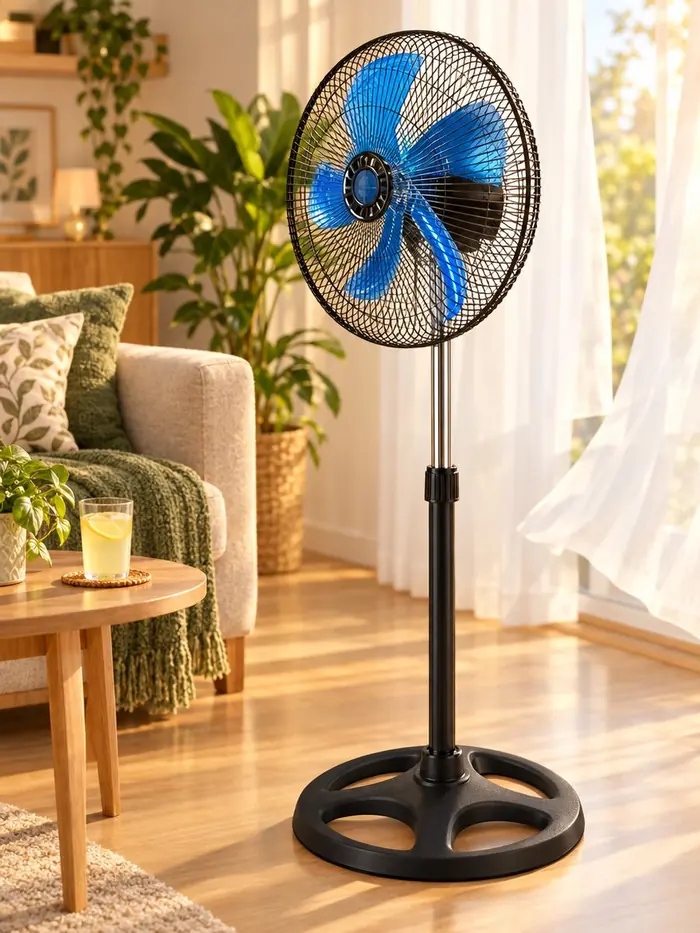 Ventilador de pie negro con aspas azules en una sala luminosa con cortinas y plantas
