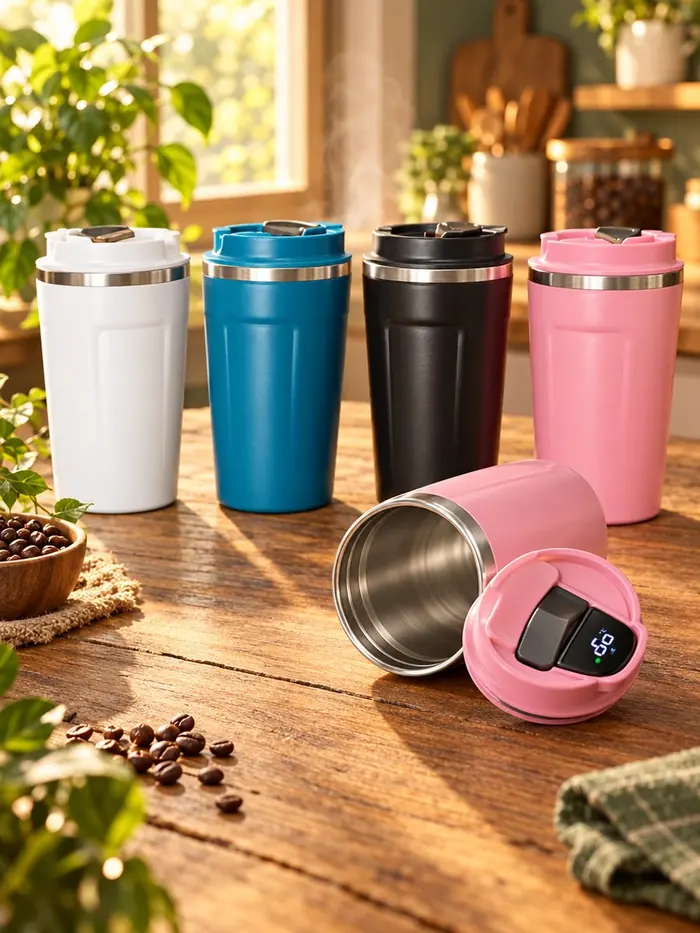 Vasos térmicos blanco, azul, negro y rosa; uno recostado y abierto con el sensor de temperatura en la tapa