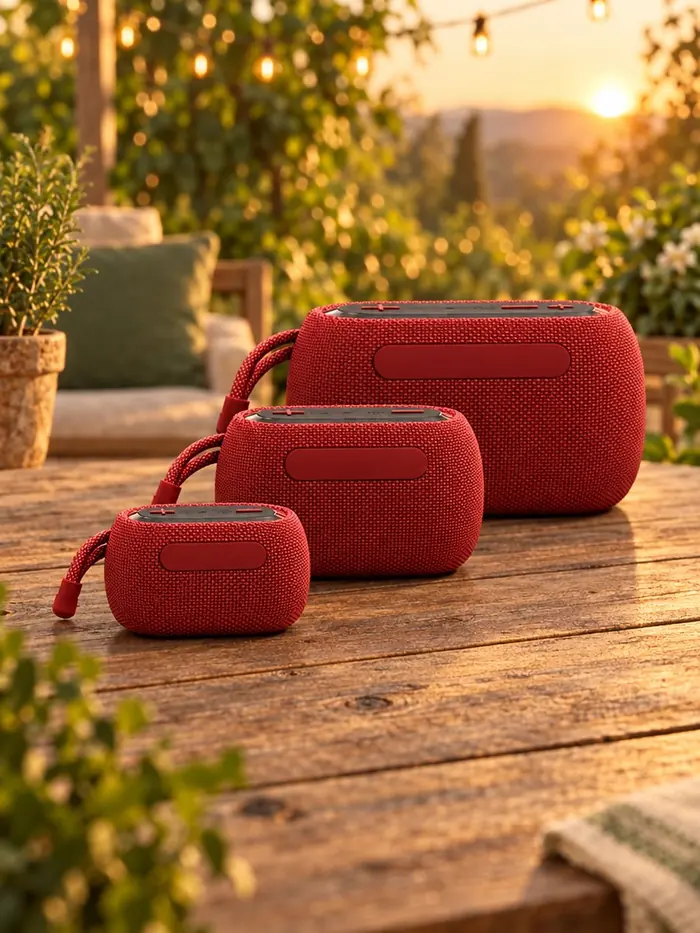 Tres parlantes bluetooth rojos de tela en tres tamaños sobre una mesa de madera al atardecer