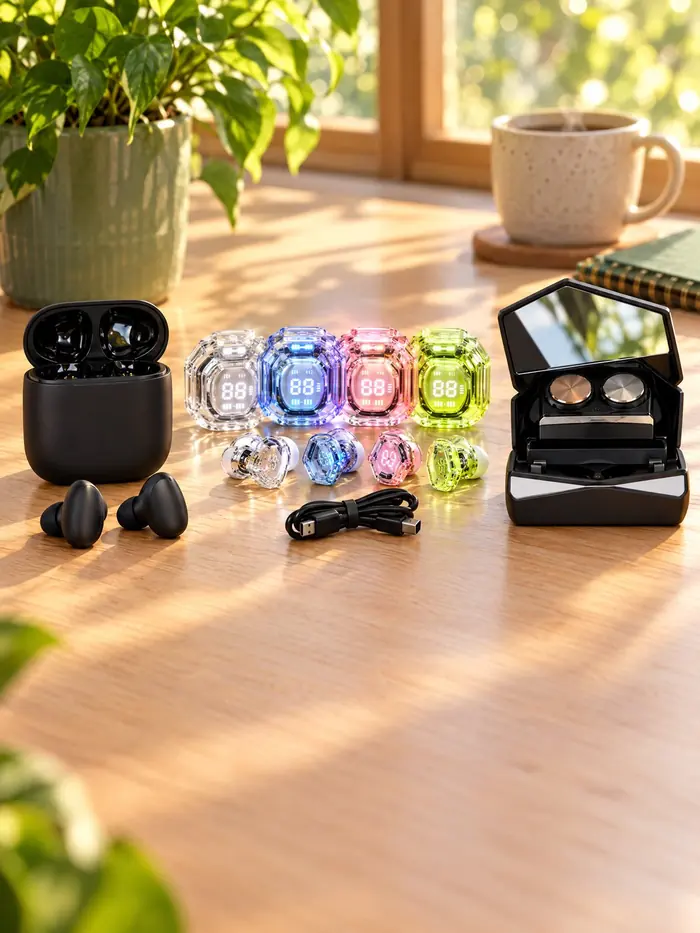 Tres modelos de auriculares inalámbricos: negros, cristal con pantalla de luz y estuche con ventana