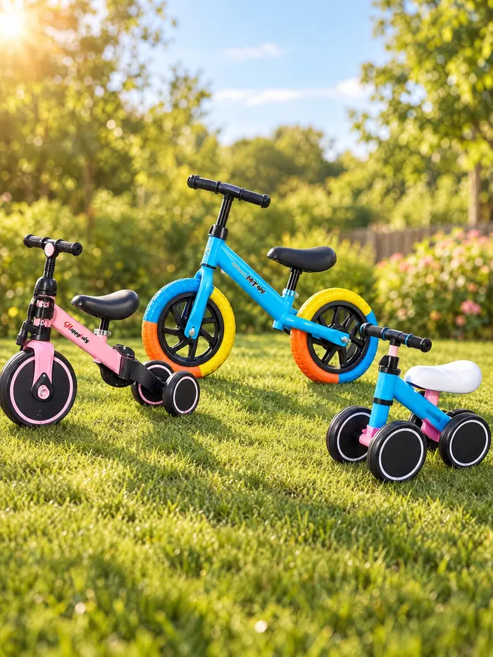 Tres bicicletas y triciclos sin pedales para niños: rosa, azul con ruedas de colores y modelo pequeño de cuatro ruedas
