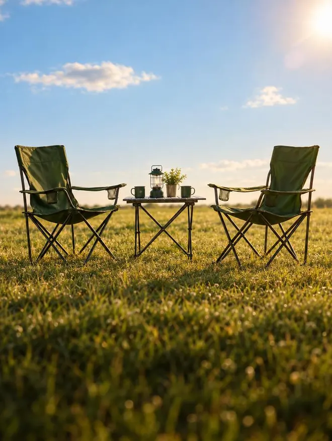 Dos sillas y una mesa plegable de camping sobre el pasto bajo un cielo azul
