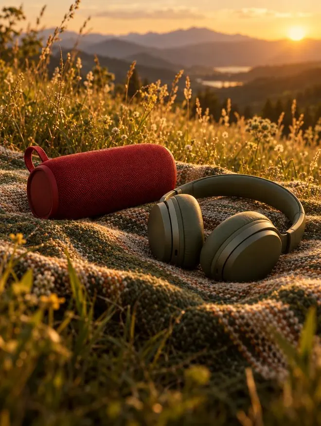 Parlante bluetooth y auriculares sobre una manta en un prado al atardecer
