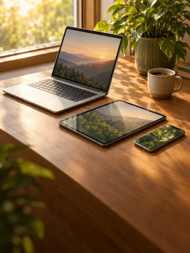 Notebook, tablet y celular sobre un escritorio de madera con luz de ventana