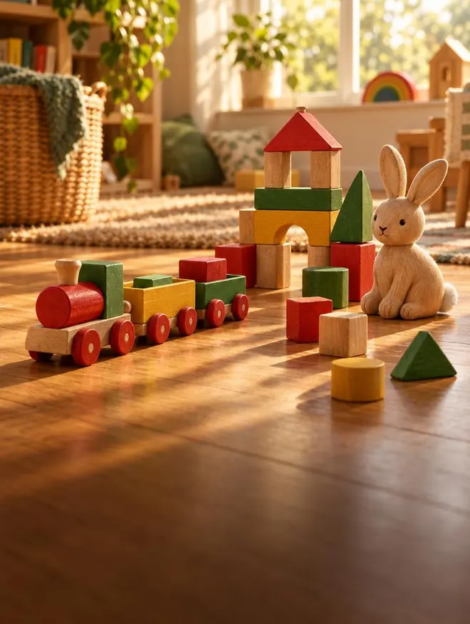 Juguetes de madera, tren y conejito sobre el piso de una sala de juegos
