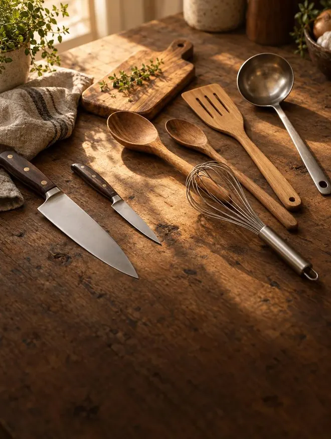 Set de cuchillos y utensilios de cocina sobre una mesa de madera