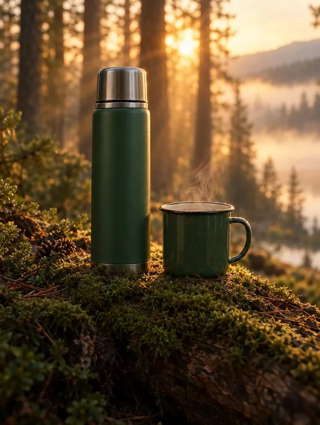 Termo verde y jarro de camping sobre un tronco en un bosque al amanecer