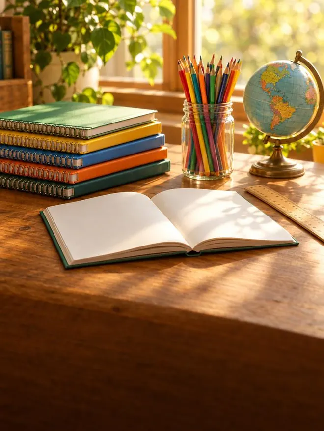 Cuadernos, lápices de colores y un globo terráqueo sobre un escritorio de madera