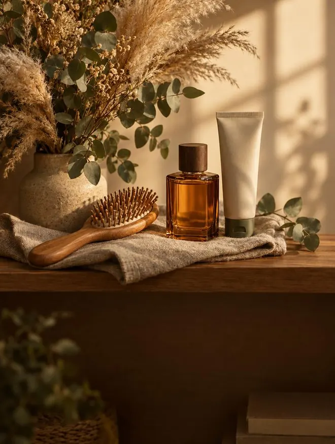 Cepillo de madera, perfume y crema junto a flores secas sobre un estante
